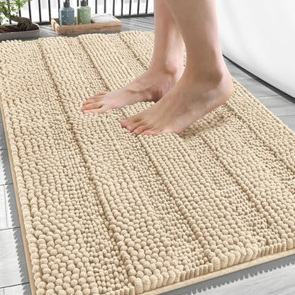 OLANLY Thick Bathroom Rugs 34x21, Soft Chenille Striped Bath Rugs, Beige - color: Beige, size: 34" X 21"