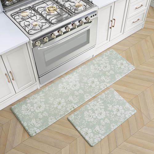 Laura Ashley - Anti-Fatigue Kitchen Mat, Iris Floral Design, Stain, Water & Fade Resistant, Cooking & Standing Relief, Non-Slip Backing, 2 Piece Set: 17.5" x 60" / 17.5" x 28" Sage Green Iris - color: Sage Green, size: 60"L x 17.5"W / 28"L x 17.5"W