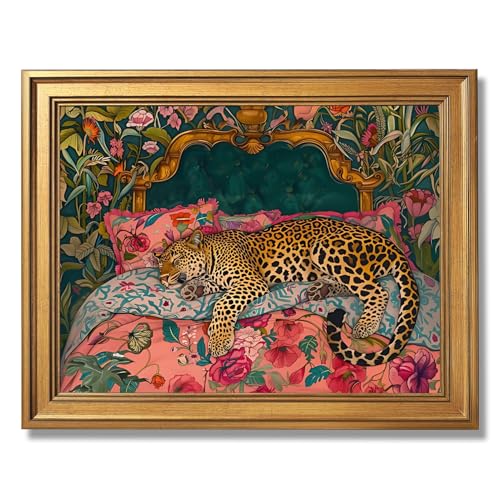 Gold Framed Sleeping Leopard Wall Art Luxury Jungle Colorful Cheetah Animal Poster Retro Maximalist Tropical Floral Pink Dopamine Canvas Print Aesthetic for Bedroom Home Decor 8x10inch - color: Sleepy leopard, size: 8"L x 10"W