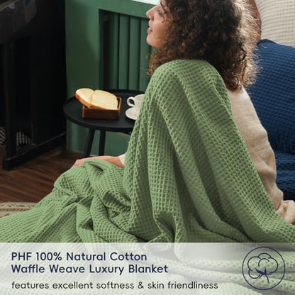 PHF 100% Cotton Waffle Throw Blanket Lightweight Breathable, Loden Green - color: Loden Green, size: Throw(50" x 60")