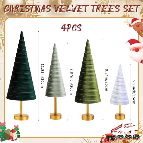 Hoolerry 4 Pcs Christmas Velvet Trees with Gold Pedestal, Forest Green - color: Forest Green