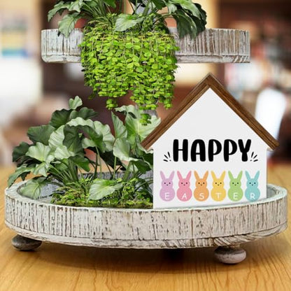 Easter Decor, Happy Easter House Shaped Wood Block Sign - color: HAPPY