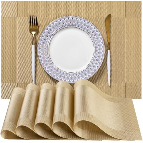 LEXMORE Placemats Set of 6 Vinyl/Plastic Woven Place Mats for Kitchen Table Indoor/Outdoor Washable Placemat Wipeable Dining Table Mats(Gold Cube) - color: G-gold Cube