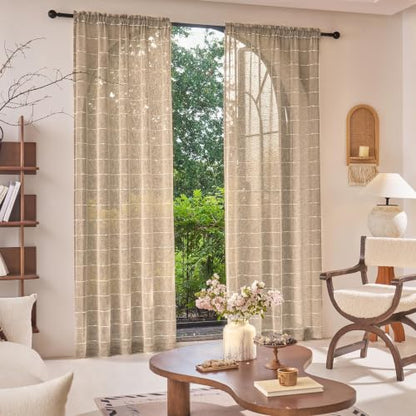 Taupe Sheer Curtains 63 Inches for Living Room Faux Linen 2 Panels - color: Taupe, size: 52"W x 63"L (Pack of 2)