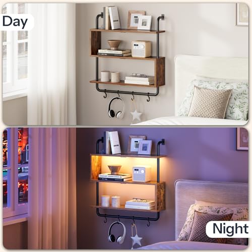 HOOBRO Floating Shelves with LED Lights, 29.5" LED Wall Mounted Shelf - color: Rustic Brown + Black