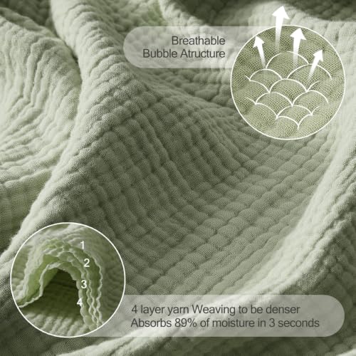 WDCOZY Muslin Blanket 100% Cotton Blankets Oversized King 4-Layer Breathable Lightweight Soft for Couch Boho Farmhouse Linen Tassels Ruffle Gauze Blankets 102x120 Inches Sage Green - color: Sage Green, size: Oversized King (102"x120")