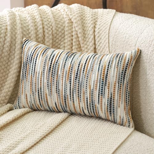 Aeckself Boho Striped Pillow Cover 12x20, Rectangle Decorative Lumbar Throw Pillow Cover Chenille Neutral Pillowcase for Couch Bedroom Living Room, Yellow Gray - color: Yellow Gray, size: 20" x 12" (Pack of 1)