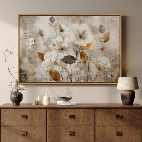 Framed Vintage Neutral Floral Botanical Wall Art for Living Room, 24x36 In - color: White & Beige A