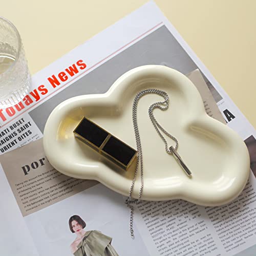 Jewelry Dish Trinket Tray for Women, Ring Holder, Unique Cloud Shape Ceramic Plate Cute Things Vanity Aesthetic Room Decor Mother's Day Birthday Christmas Warm House Gifts (Crème) (JT001) - color: Crème