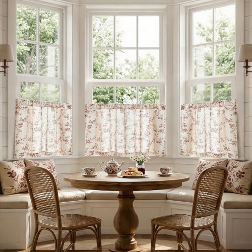 jinchan Floral Linen Kitchen Tier Curtains, 24 Inch, 2 Panels, Maroon - color: Alisa Maroon, size: 26"W x 24"L (Pack of 2)