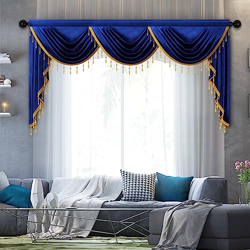 ELKCA Luxury Royal Blue Velvet Curtain Valances for Living Room with Beads(98inch,1 Panel) - color: Royal Blue, size: 98"W x 43"L (Pack of 1)
