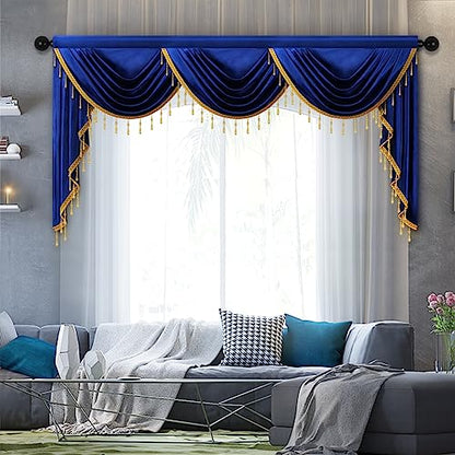 ELKCA Luxury Royal Blue Velvet Curtain Valances for Living Room with Beads(98inch,1 Panel) - color: Royal Blue, size: 98"W x 43"L (Pack of 1)