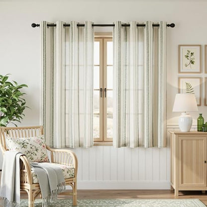 MYSKY HOME Green Striped Linen Curtains for Bedroom 63 Inches 2 Panels - color: Green, size: 52"W x 63"L (Pack of 2)