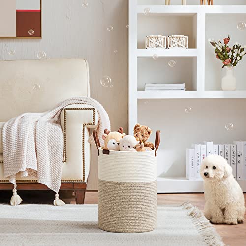 VIPOSCO 30L Small Woven Rope Laundry Hamper, Leather Handles, White & Brown - color: Brown, size: 30L