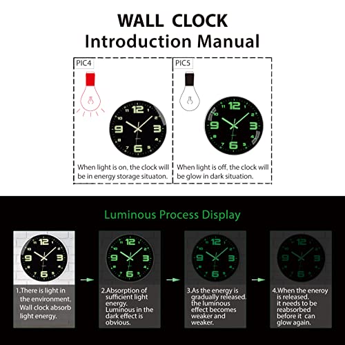 Wall Clock Glow in The Dark Battery Operated Silent 12 in - color: White