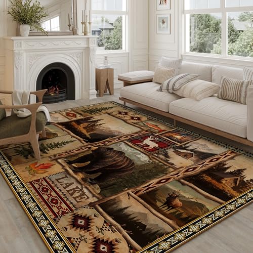 Vintage Moose Bear Cabin Rug for Living Room 8'x10', Rustic Lodge Area Rug for Bedroom Indoor Dining Floor Carpet, Non-Slip Machine Washable Farmhouse Carpet Vintage Living Room Decor - color: Rustic Bear, size: 8' x 10'