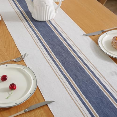 Niviy Blue Table Runner 36 Inches Long with Tassels, Seasonal Summer Washable Embroidered Striped Braided Blue and White Boho Table Runners for Holiday Party 12 x 36 Inches - color: Blue, size: 12 x 36 Inches