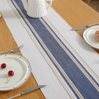 Niviy Blue Table Runner 48 Inches Long with Tassels, Seasonal Summer Washable Embroidered Striped Braided Blue and White Boho Table Runners for Holiday Party 12 x 48 Inches - color: Blue, size: 12 x 48 Inches