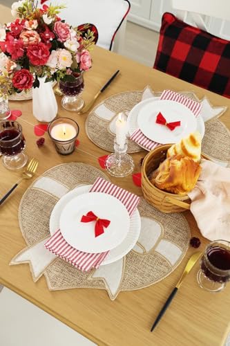 Feuille Valentines Placemat Set of 4,Farmhouse Burlap Heart Bow Valentines Day & Anniversary Placemat Rustic Table Decor for Dining Table - style: Heart Bow