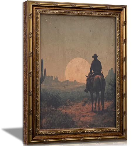 Vintage Gold Framed Western Wall art, Cowboy Riding Away Oil Painting Canvas Print, Cottagecore Country Cowboy and Horse Picture Wall Decor, Rustic Farmhouse Poster Artwork for Living Room Bedroom - color: Cowboy, size: 16"L x 12"W