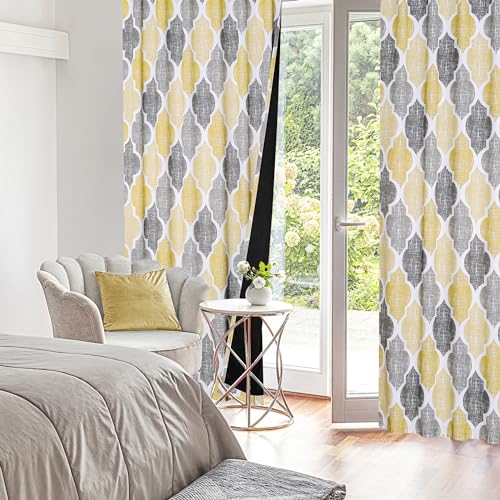 Beauoop Moroccan 100% Blackout Curtains Bedroom Yellow Grey 50x63 2 Panels - color: Rod Pocket | Yellow and Grey, size: 50"W x 63"L (Pack of 2)
