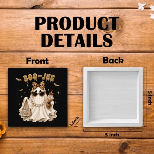 Preppy Halloween Leopard Bow Ghost Wood Box Sign Desk Decor 5X5 - color: Glam Ghost