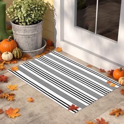LEEVAN 2'X3' Black and White Striped Woven Cotton Reversible Outdoor Rug - color: 1white Strip, size: 2' x 3'
