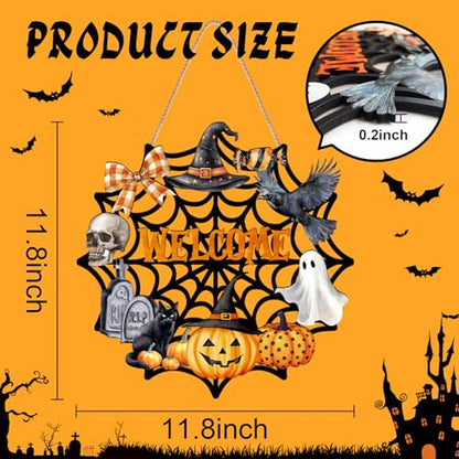 Halloween Front Door Decor, Wooden Hanging Wreath for Party & Holiday Gift