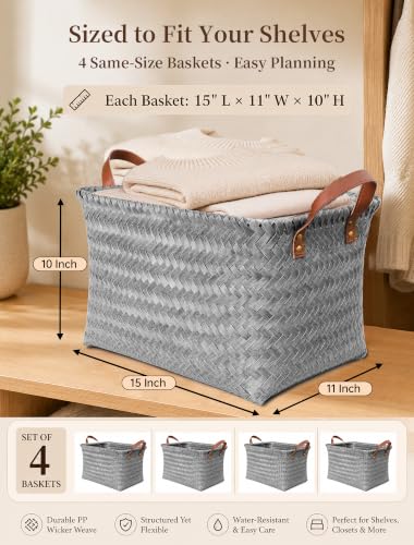 Wicker Storage Baskets, 4 Pack Woven Baskets for Shelves, Grey - color: Rectangle Gray