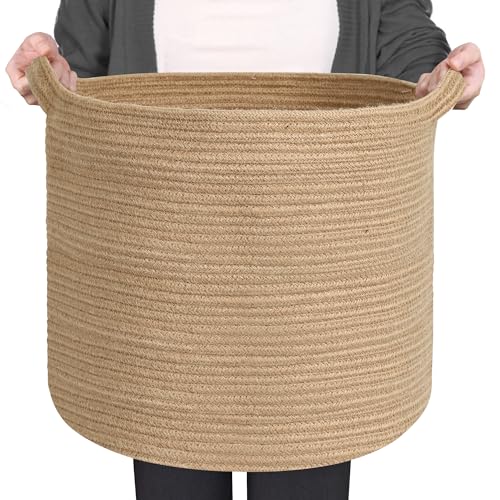 MEGASKET Large Wicker Storage Basket, 16" x 14" Jute Woven Basket with Handle, Living Room Blanket Storage, Big Wicker Laundry Basket, Kids Toy Bin Box Organizer, Decorative Round Baskets for Decor - color: Jute, size: 16"D x 14"H