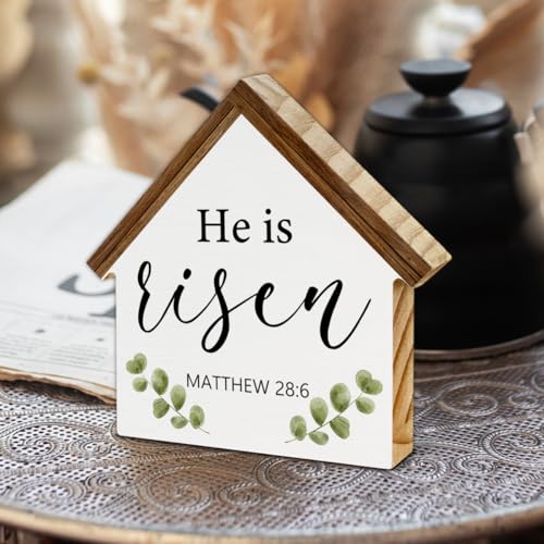 Easter Decor, He Is Risen House Shaped Wood Block Sign - color: He