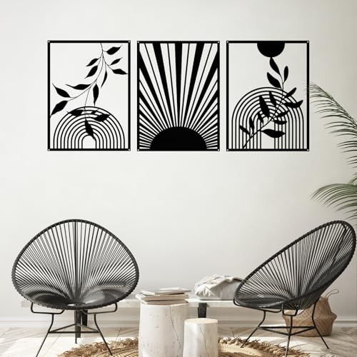 YIYA 3 Pieces Black Metal Wall Decor Black Modern Geometric Wall Decor Hanging Minimalist Line Wall Art for Bedroom Living Room Bathroom Balcony Gallery - style: Round and Leaf
