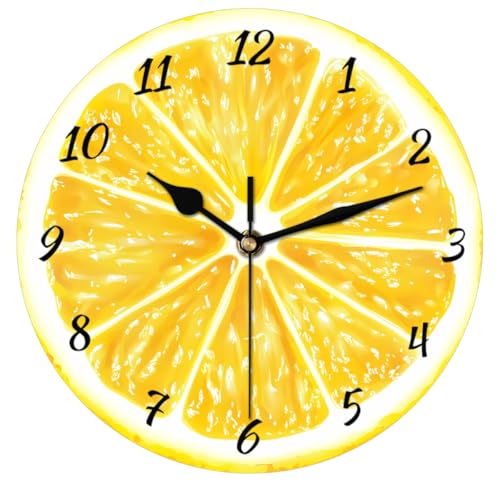 Yellow Lemon Wall Clock Battery Operated 10 in Round Wall Clocks Slilent Non Ticking Quartz Analog Clock for Bedroom Kids Living Room Classroom Decor - color: Yellow Lemon