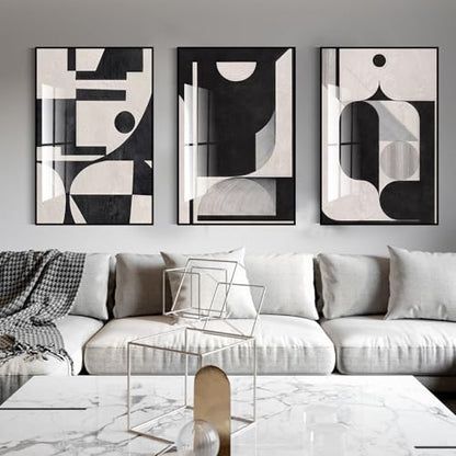 QKF 3Pcs Black White Geometric Textured Crystal Framed Canvas Wall Art Set - color: Retro Black And White, size: 16" X 24" X 3 pieces