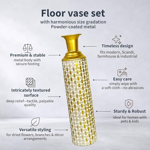 Leewadee Set of 3 Large Floor Vases Metal for Pampas Grass - color: Gold, White