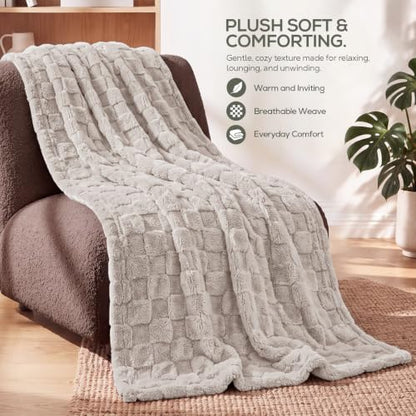 Utopia Bedding Plush Checkered Fleece Blanket Linen King, 90x102 Inches - color: Linen, size: King