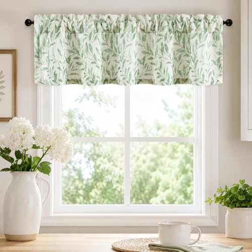 VOGOL Rod Pocket Valances for Living Room, Green Leaf Printed Faux Linen Cafe Curtain, Light Filtering Decorative Kitchen Valance Curtains, 1 Panel, 52 x 14 Inches - color: Green, size: 52"W x 14"L (Pack of 1)