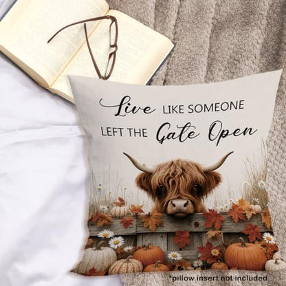 Fall Western Highland Cow Pumpkin Leaves Throw Pillow Covers 18x18 - color: Highland Cow-08