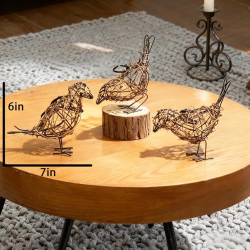 Rattan Bird Statues - 3pc Farmhouse Wicker Home Decor Figurines - color: Coffee