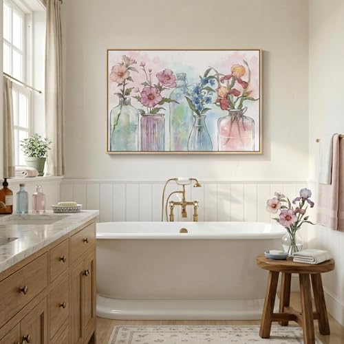 Framed Colorful Modern Floral Wall Art, 24x36 Inch Flower in Vase Pictures - color: Multi & Watercolor