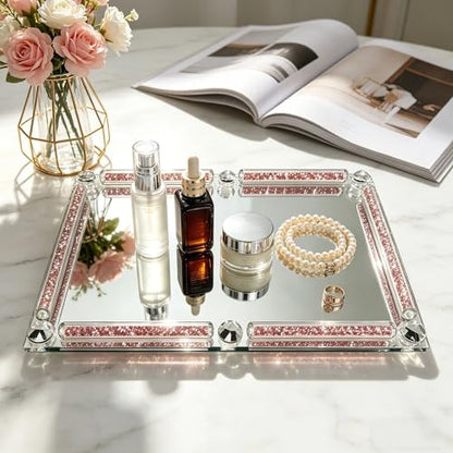 Crystal Perfume Tray, 11.8" x 7.9" Mirror Glass Vanity Tray - color: Pink