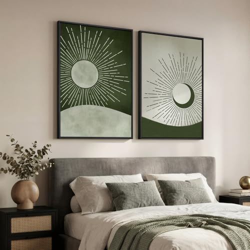 Large Framed Green Boho Abstract Canvas Wall Art for Living Room, 24x36 In - color: Neutral Green, size: 24" W x 36" H x 2Pcs