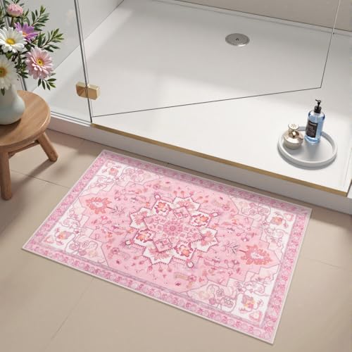 Seavish Pink Boho Bathroom Rug, 18"x26" Vintage Boho Tribal Bath Rug - color: Pink, size: 18 x 26 inch