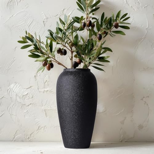 13.8 Inch Tall Matte Textured Black Ceramic Vase, Large Textured Charcoal Black Decorative Vase for Pampas Grass, Flowers or Greenery, Modern Rustic Tabletop Accent for Entryway Living Room Mantel - color: Textured Black, size: 13.8 in