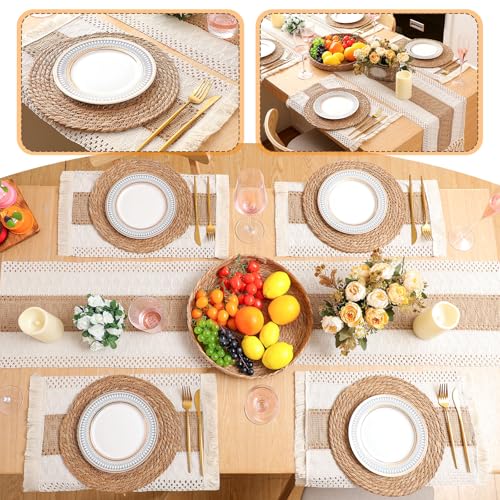 Boho Table Runner and Placemats Set, 6 Sets, Brown, 12x72 - color: Brown, size: 12x72"