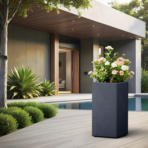 Kante Large Column Square Charcoal Concrete Planter 27.6" H, Outdoor - color: Charcoal, size: 27.6" H