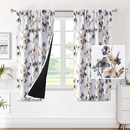 H.VERSAILTEX 100% Blackout Curtains for Bedroom Cattleya Floral Printed Drapes 63 Inches Long Leah Floral Pattern Full Light Blocking Drapes with Black Liner Rod Pocket 2 Panels, Grey/Taupe - color: Grey/Taupe, size: 52"W x 63"L (Pack of 2)