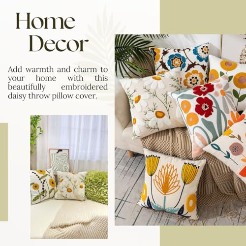 Set of 2 Embroidered Daisy Throw Pillow Cover 18x18 Inch, Cream White Floral Cushion Cover with Textured White & Mustard Yellow Flowers, Farmhouse Boho Decorative (White Daisy) - color: White Daisy