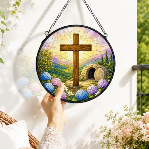 Cross Christian Stained Glass Window Hanging Decorations 7.9x7.9 - color: Crucifix-3