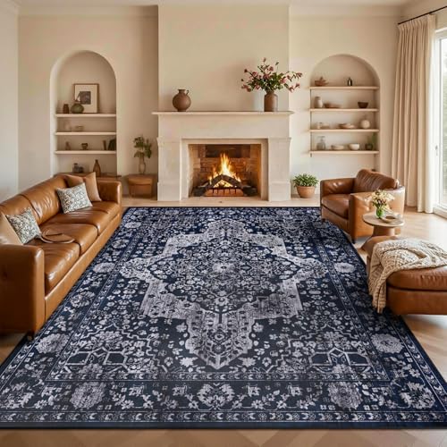nesrt Boho Vintage Area Rugs 8x10ft for Living Room, Non-Slip Large Bedroom Rug, Soft Faux Wool Thin Printed Distressed Floor Carpet for Dining Room Kids Room Playroom Farmhouse Office(Blue) - color: Blue, size: 8' x 10' (Rectangular)